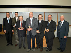 On Nov. 23, 2004, the College hosted a celebration honoring Drs. Kevin P. Campbell and E. Peter Greenberg  on their election to the National Academy of Sciences. Also honored at the event were the UIs three other members of the NASDrs. Donald A. Gurnett, James A. Van Allen and Michael Welsh.  Pictured are (left to right): President David Skorton, Greenberg, Van Allen, Gurnett, Welsh, Campbell and Dean Jean Robillard.